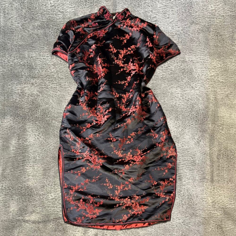 Black Satin Red Floral Blossom Traditional Dress